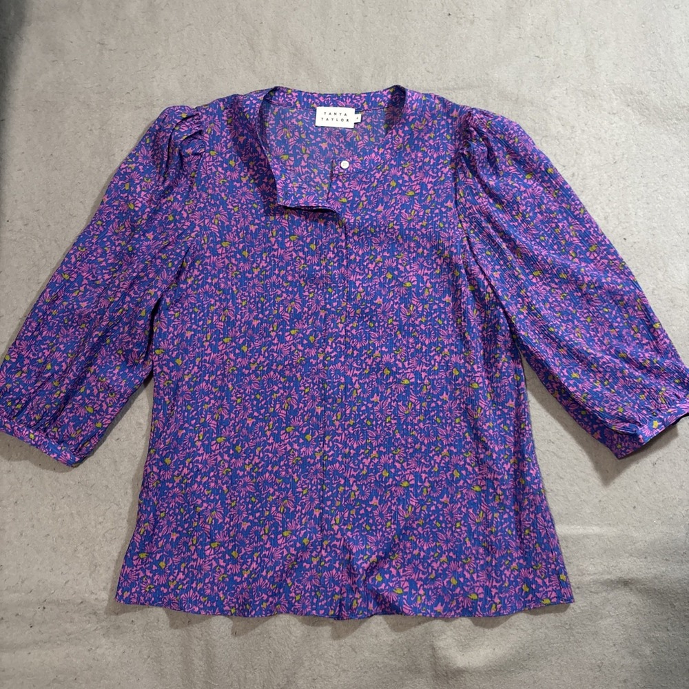 Tanya Taylor Top‎ Womens 4 Blue Floral Puffy Sleeve Silk